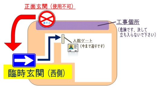 正面玄関は使用不可。西側臨時玄関へお廻り下さい。